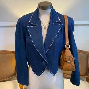 Vintage 80s/90s Denim Jean Cropped Blazer Rhinestone Embellishments Office Siren